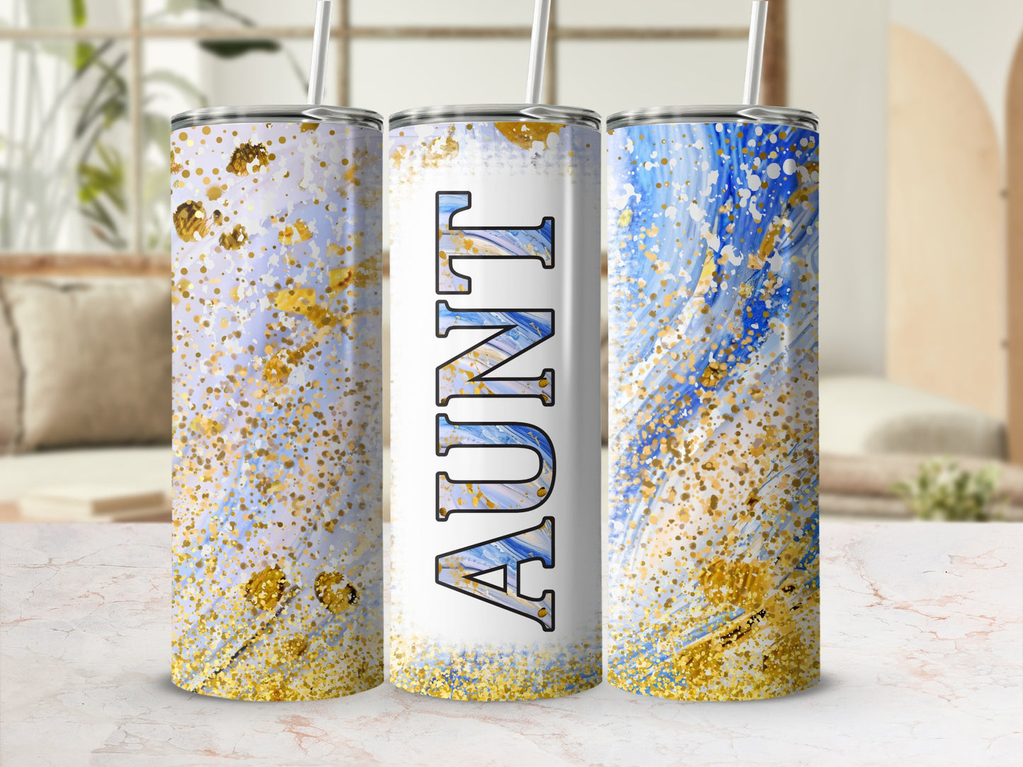 Vibrant Blue Gold Glitter Abstract Aunt Tumbler product type