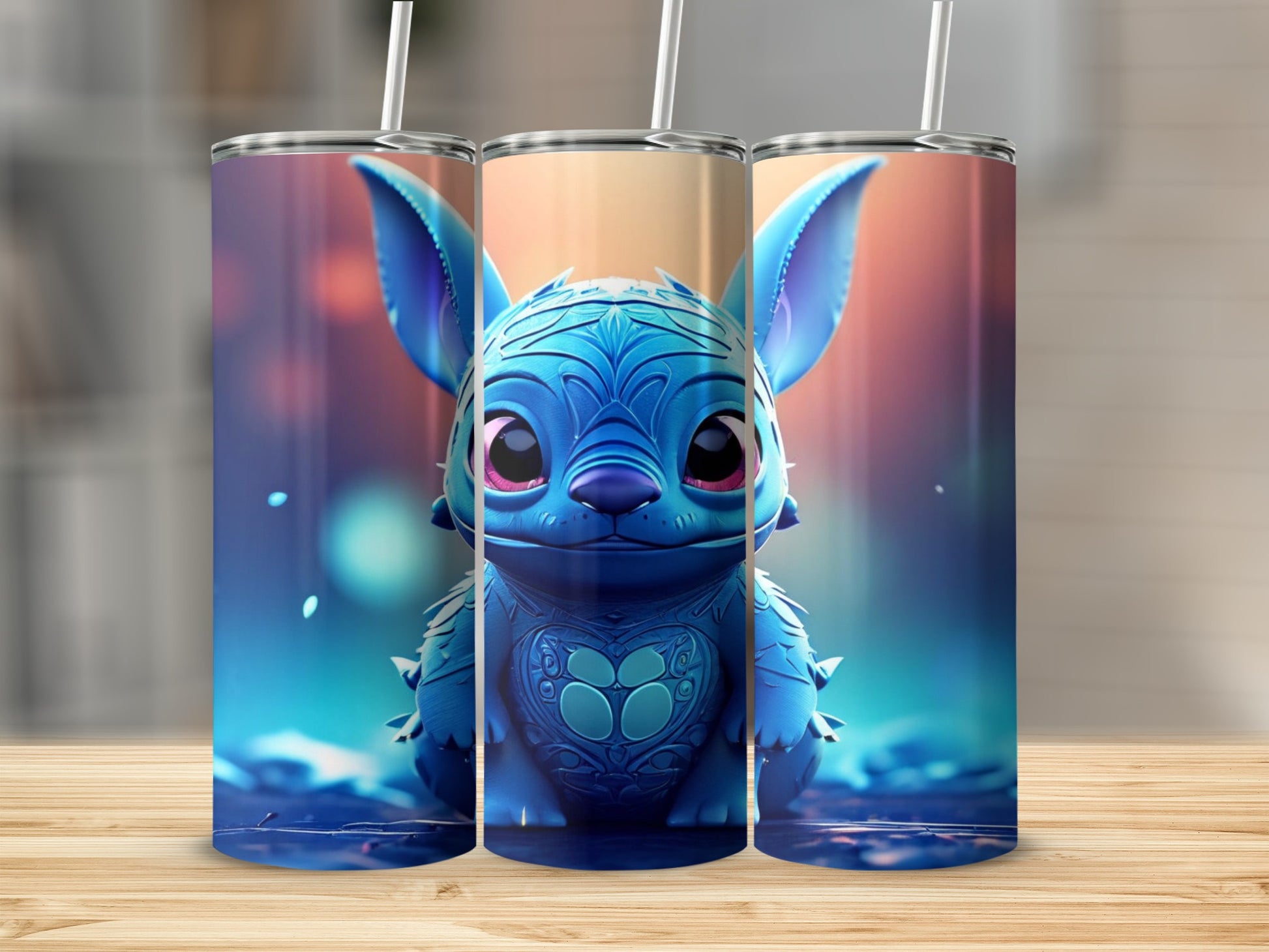 Blue alien creature with heart-shaped chest detail on a tumbler.