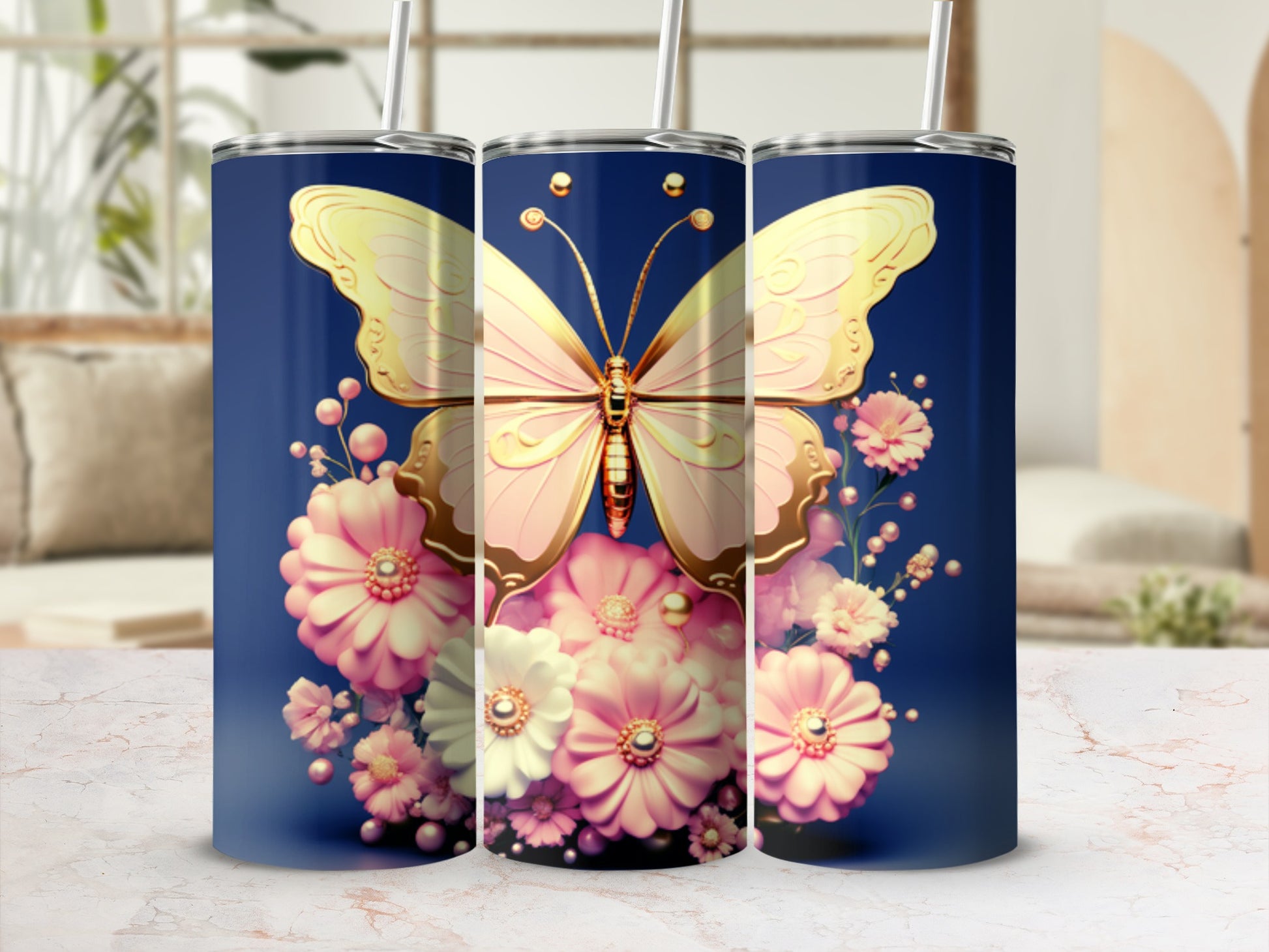 Gold butterfly on a floral background, featuring three tumblers.