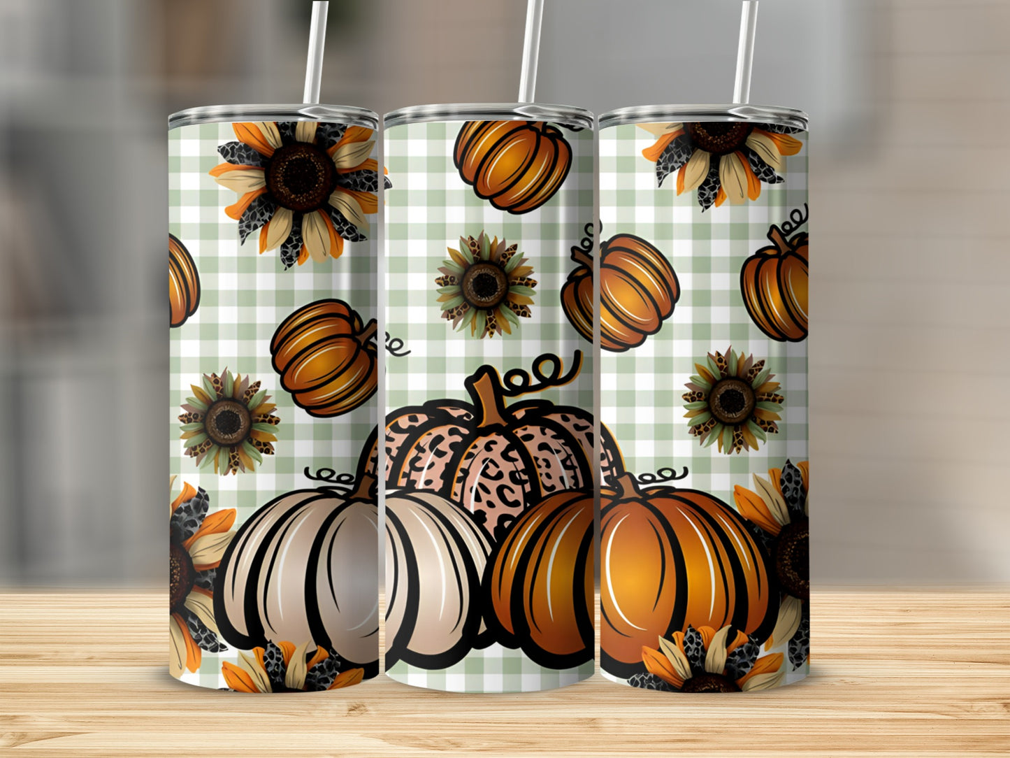 Fall-themed tumbler with pumpkins, sunflowers, and leopard print on checkered background.