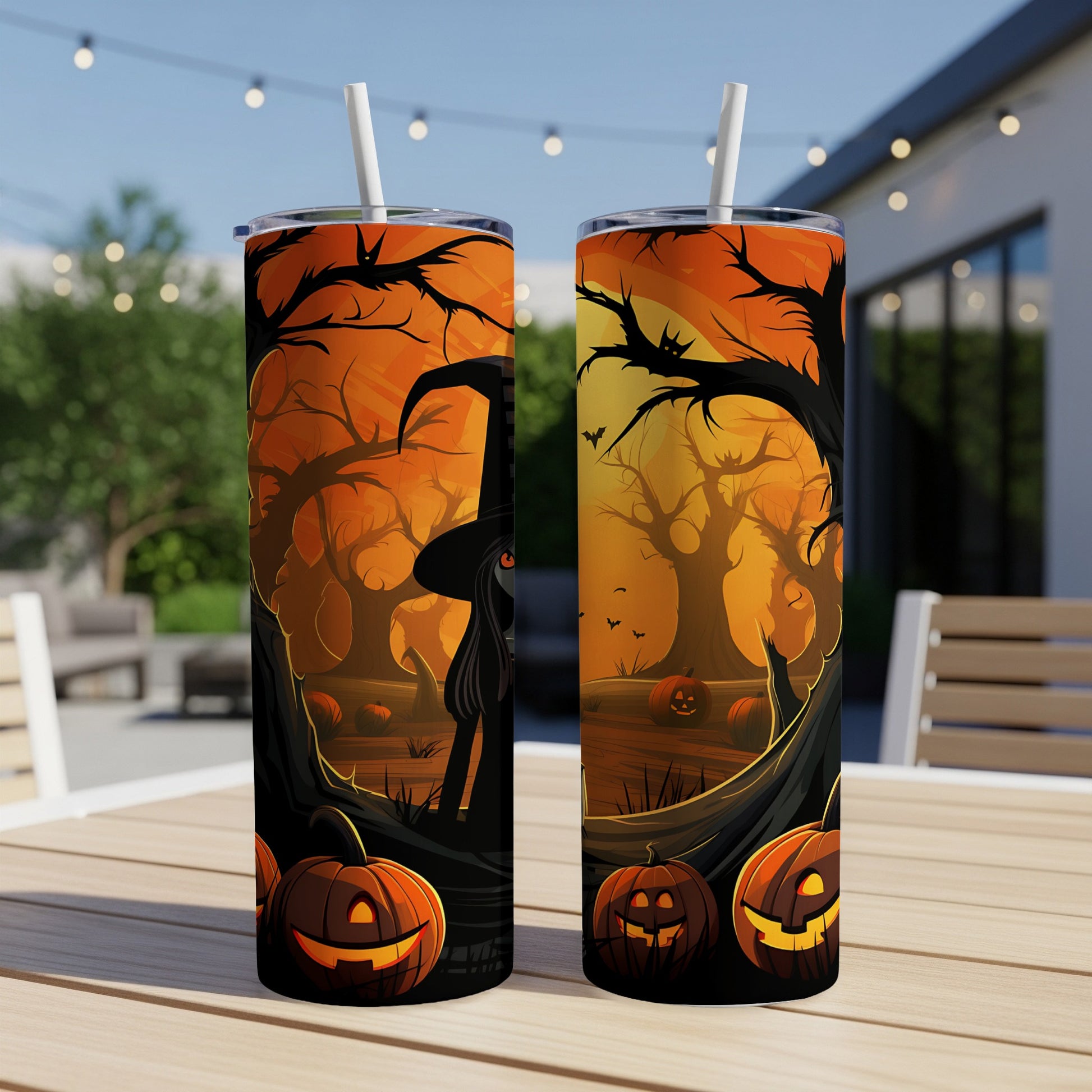 Two tumblers with Halloween forest scene featuring a witch and jack-o'-lanterns.