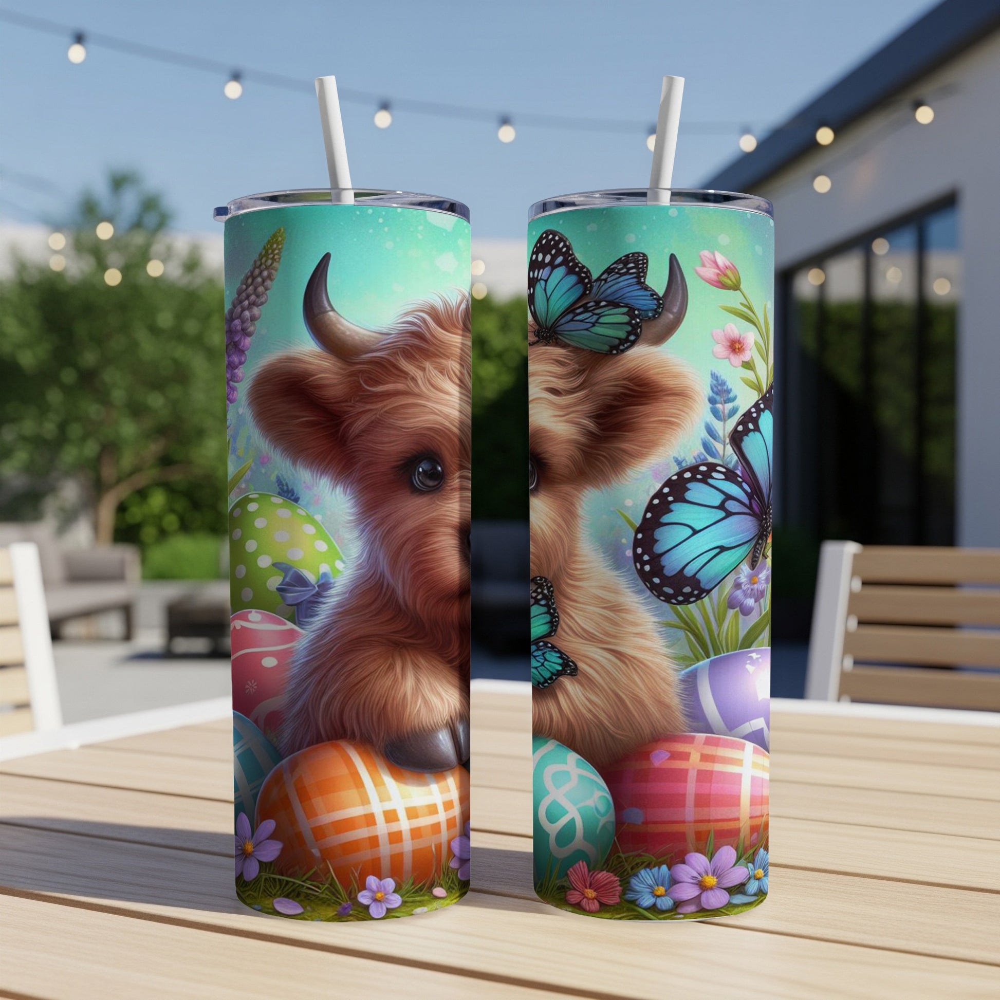 Two tumblers with a Highland cow, butterflies, and Easter eggs against a blurred outdoor background.