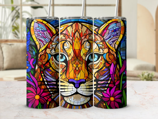 Three stained-glass style tumblers featuring a colorful jaguar face with floral accents.