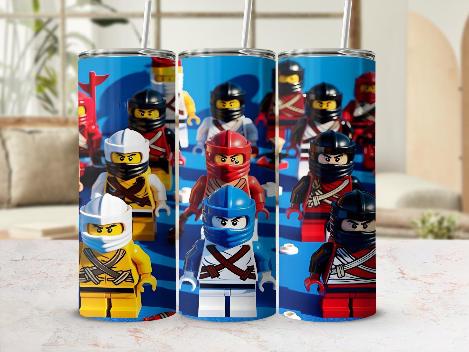 Three LEGO Ninjago characters stand in front of a blue background with a blurry room.