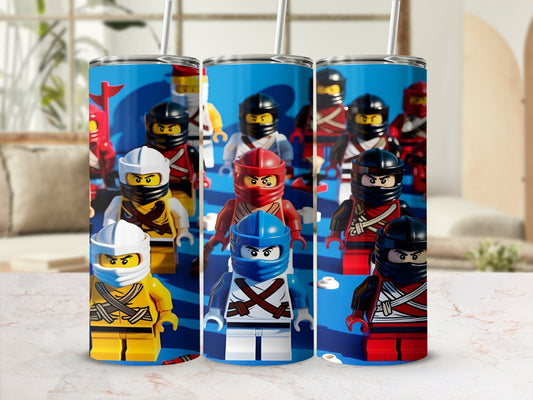 Three LEGO Ninjago characters stand in front of a blue background with a blurry room.