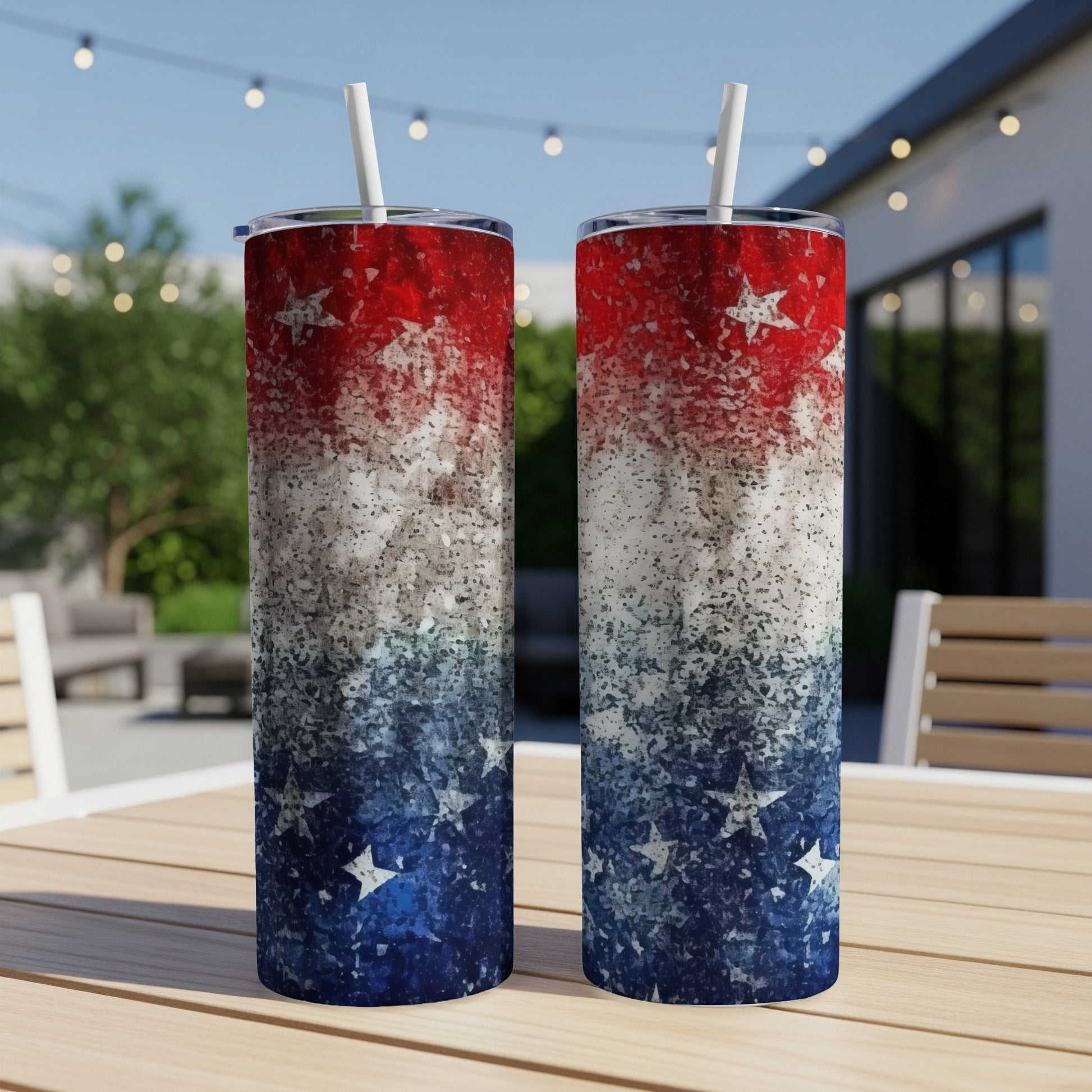 Two patriotic tumblers with red, white, and blue stars and distressed texture.