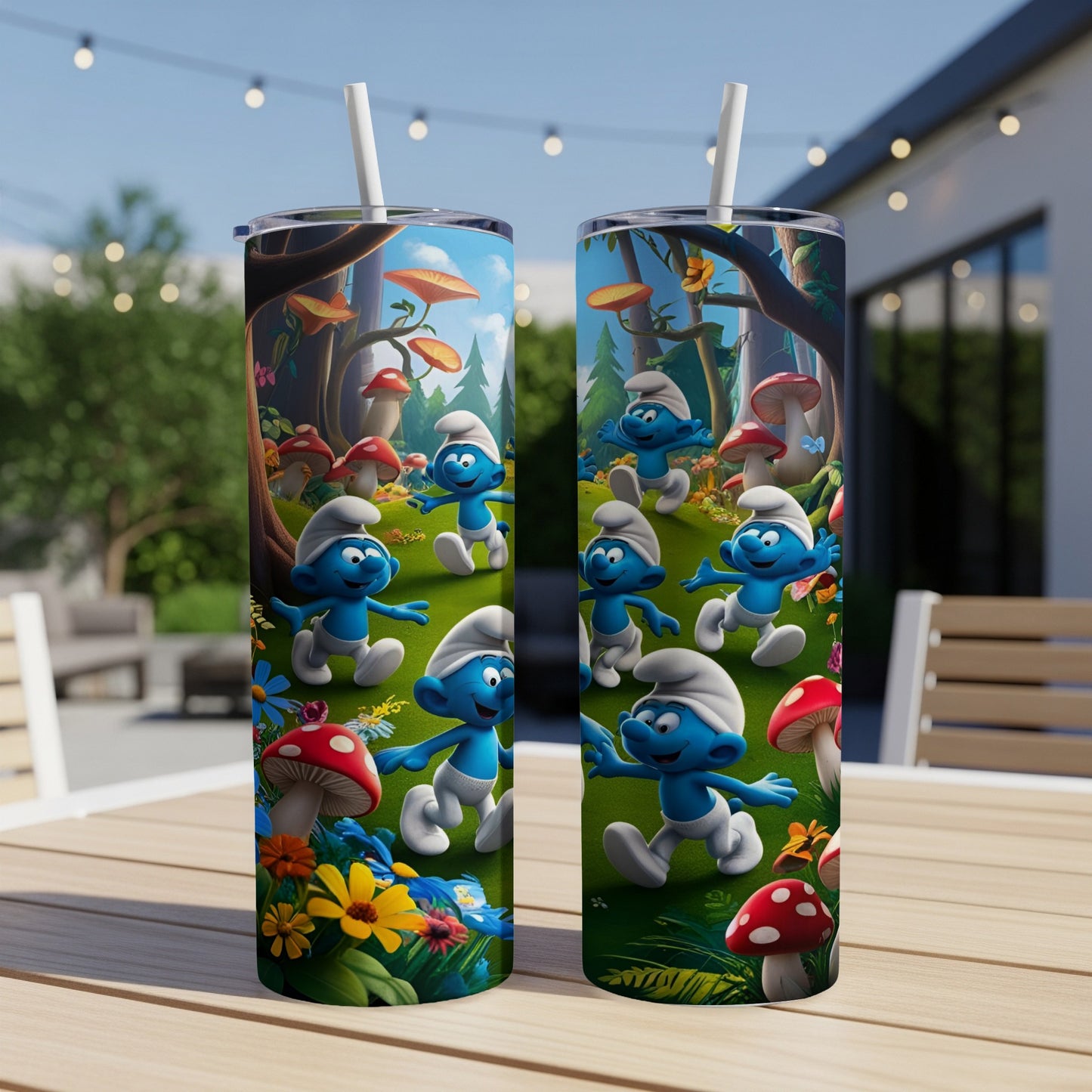 Two Smurfs tumblers with Smurfs characters and mushrooms on a table outdoors.