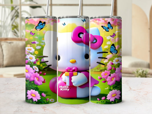 Hello Kitty in a pink dress holding a gift in a garden with butterflies and flowers.