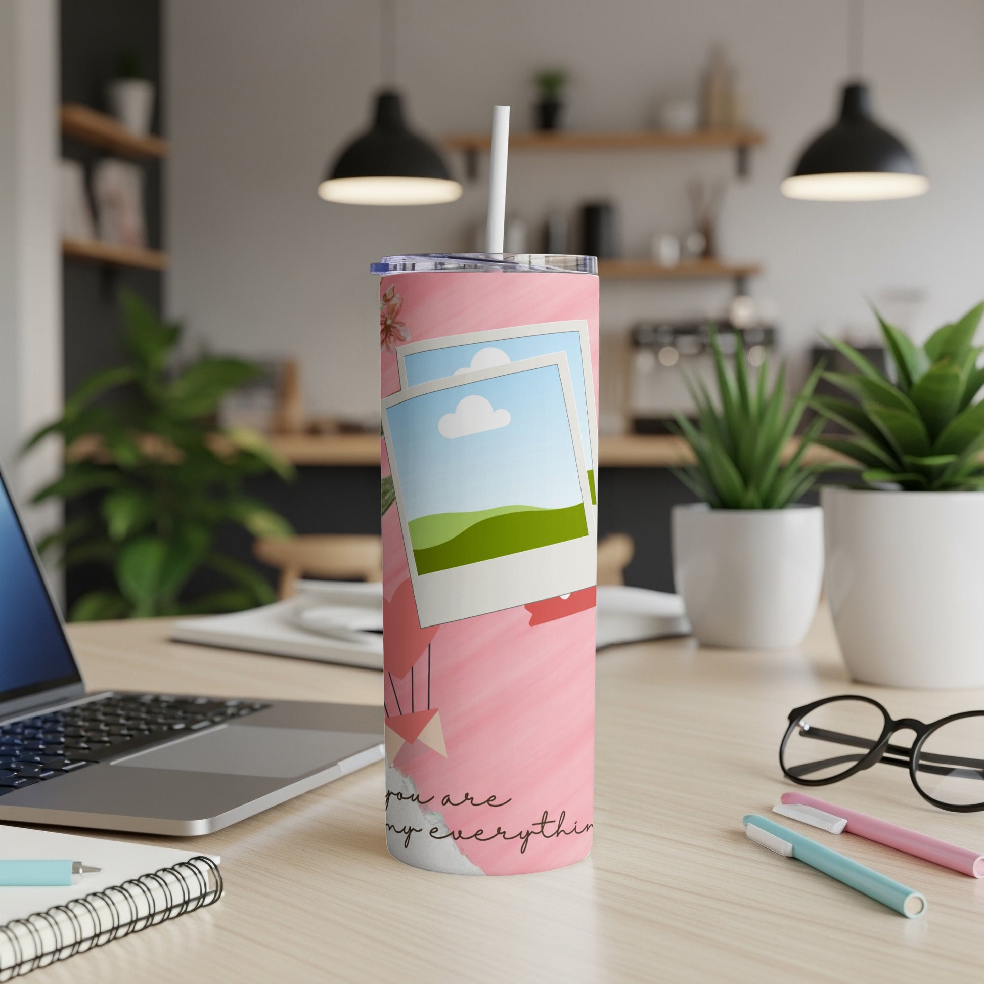Pink tumbler with photo frames and "you are my everything" text.