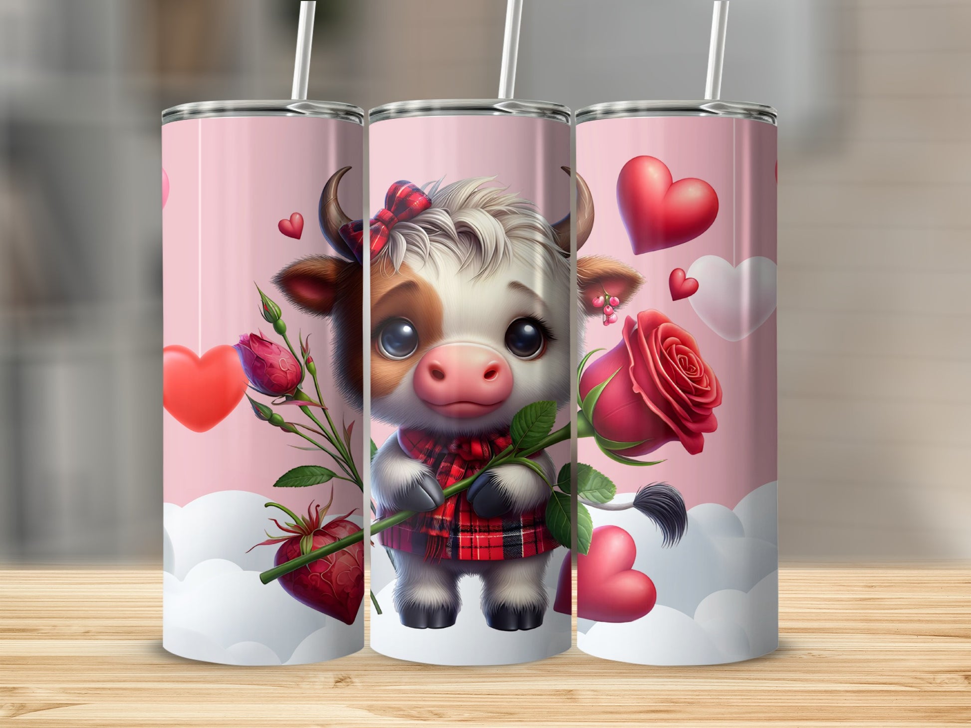 Adorable Cow with Heart and Rose Design Tumbler
