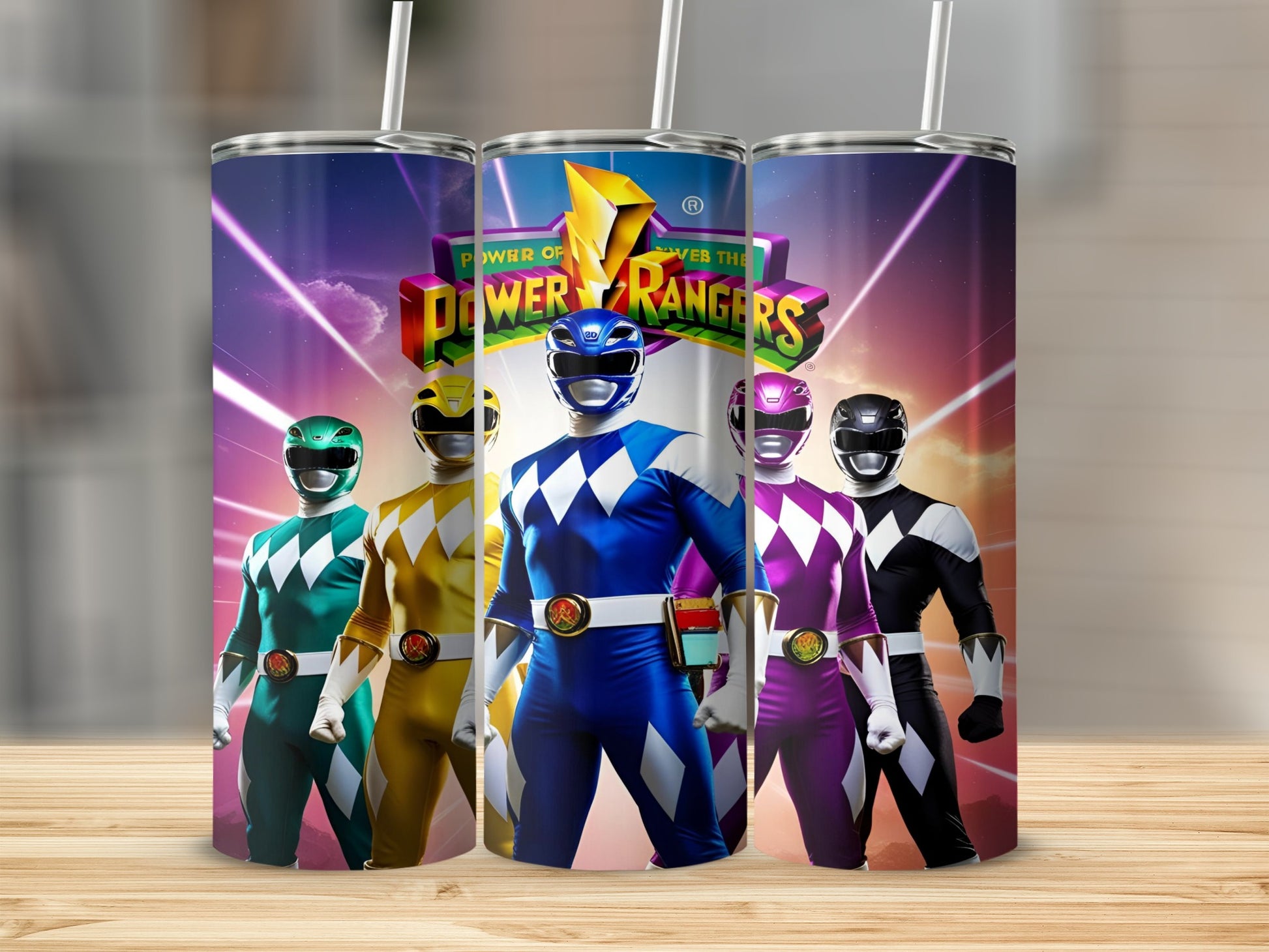 Power Rangers standing in formation on a wooden surface.