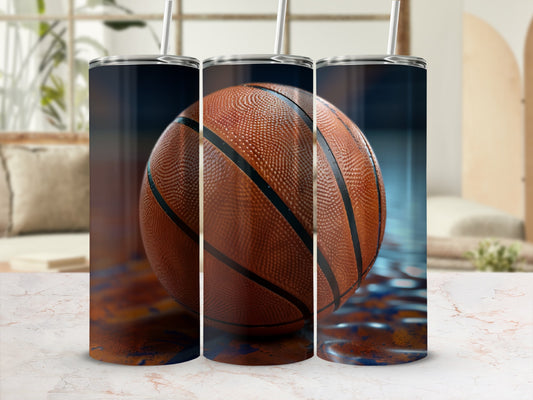 Basketball tumbler with straw, close-up view of a basketball.