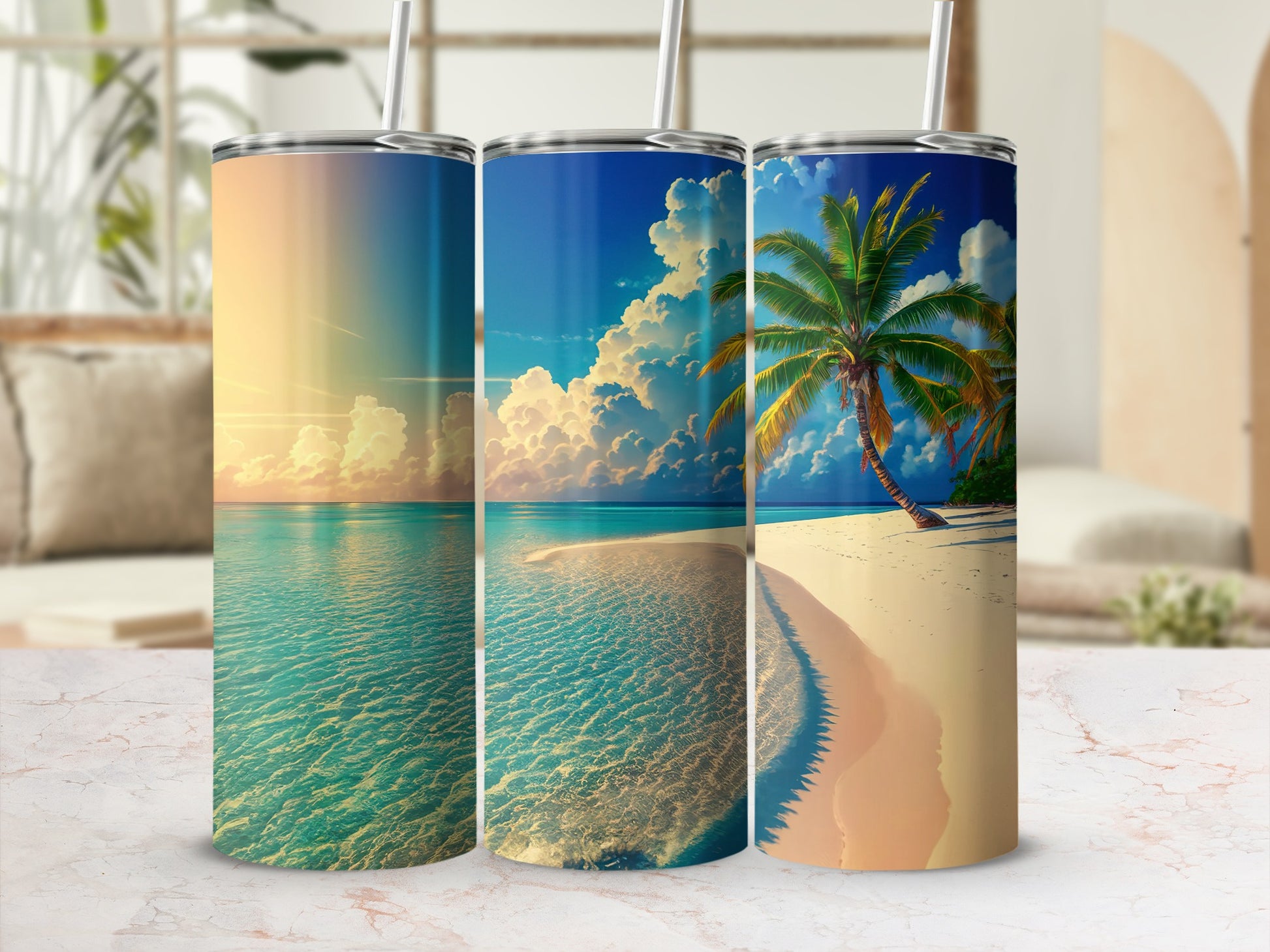Tropical Beach Scene Insulated Tumblers Set