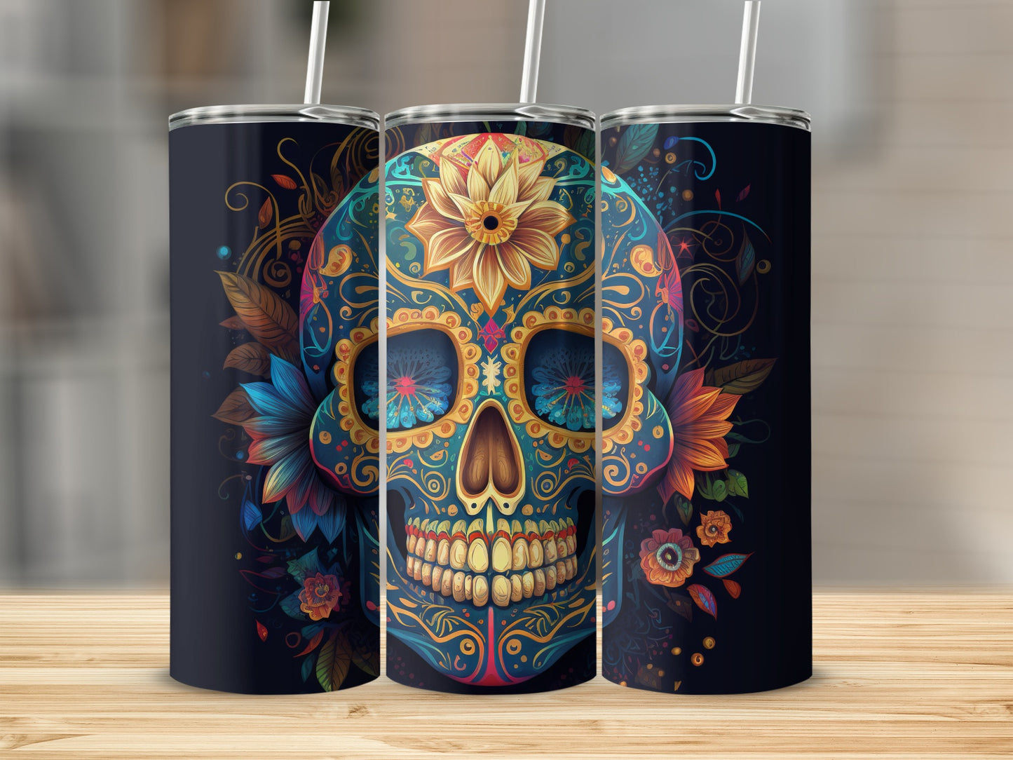 Colorful Floral Skull Design Tumbler