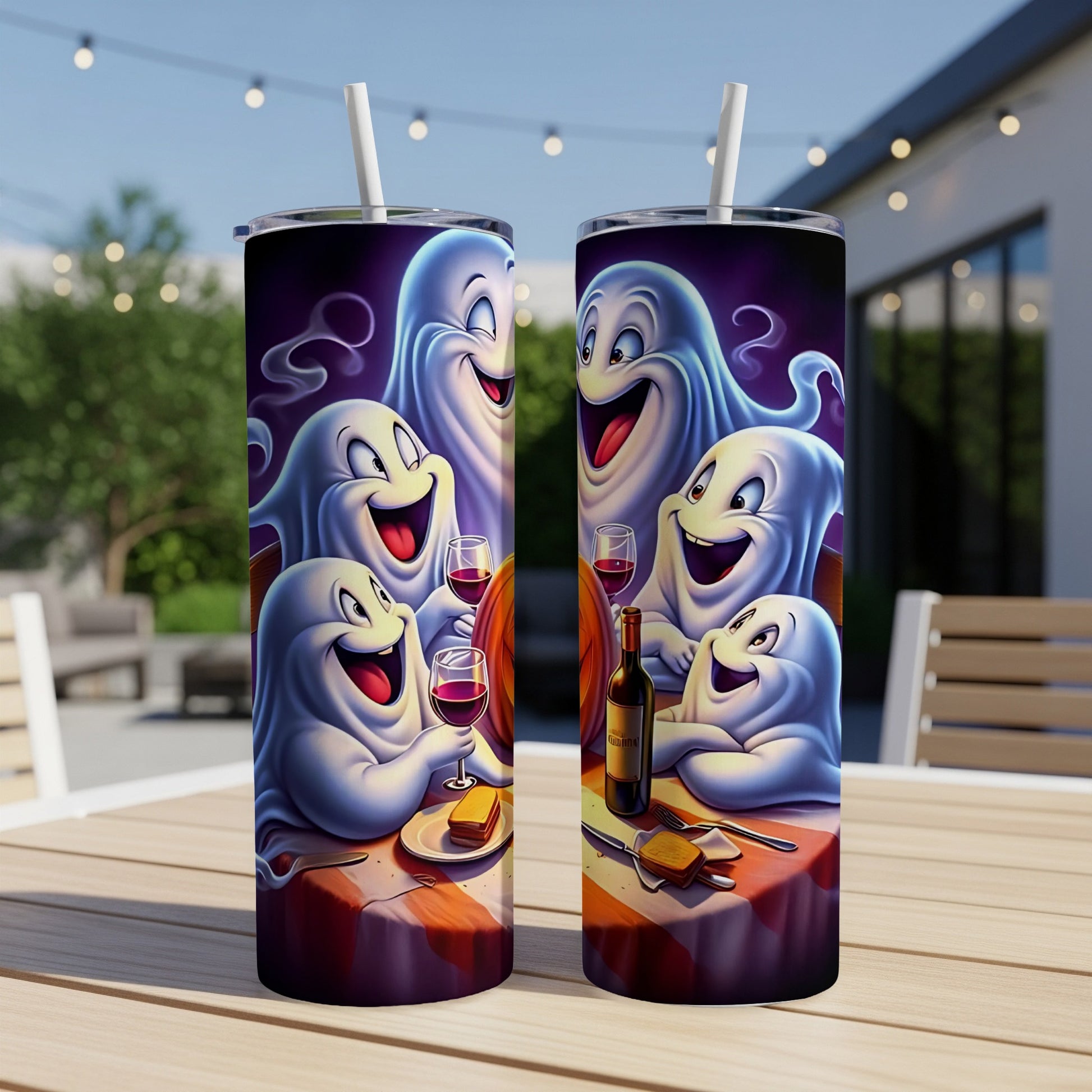 Two tumblers with cartoon ghosts celebrating Halloween with wine and snacks.