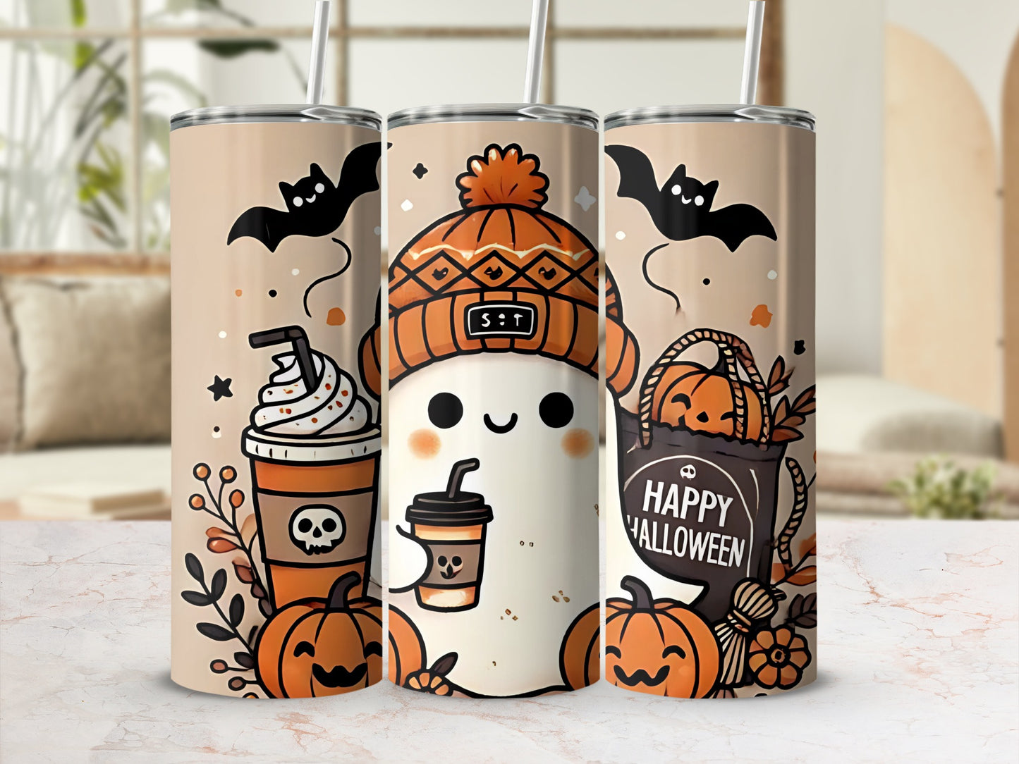 Three tumblers with Halloween ghost, pumpkin, and coffee cup designs.