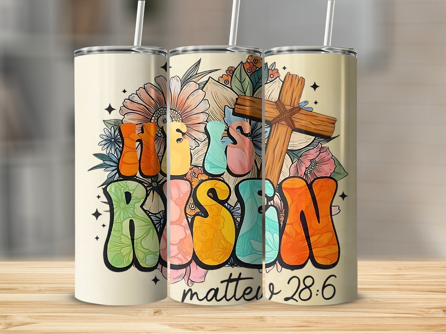 He Is Risen with Cross Floral Illustration Tumbler