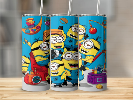 Minions group on blue background with toys and a clock.