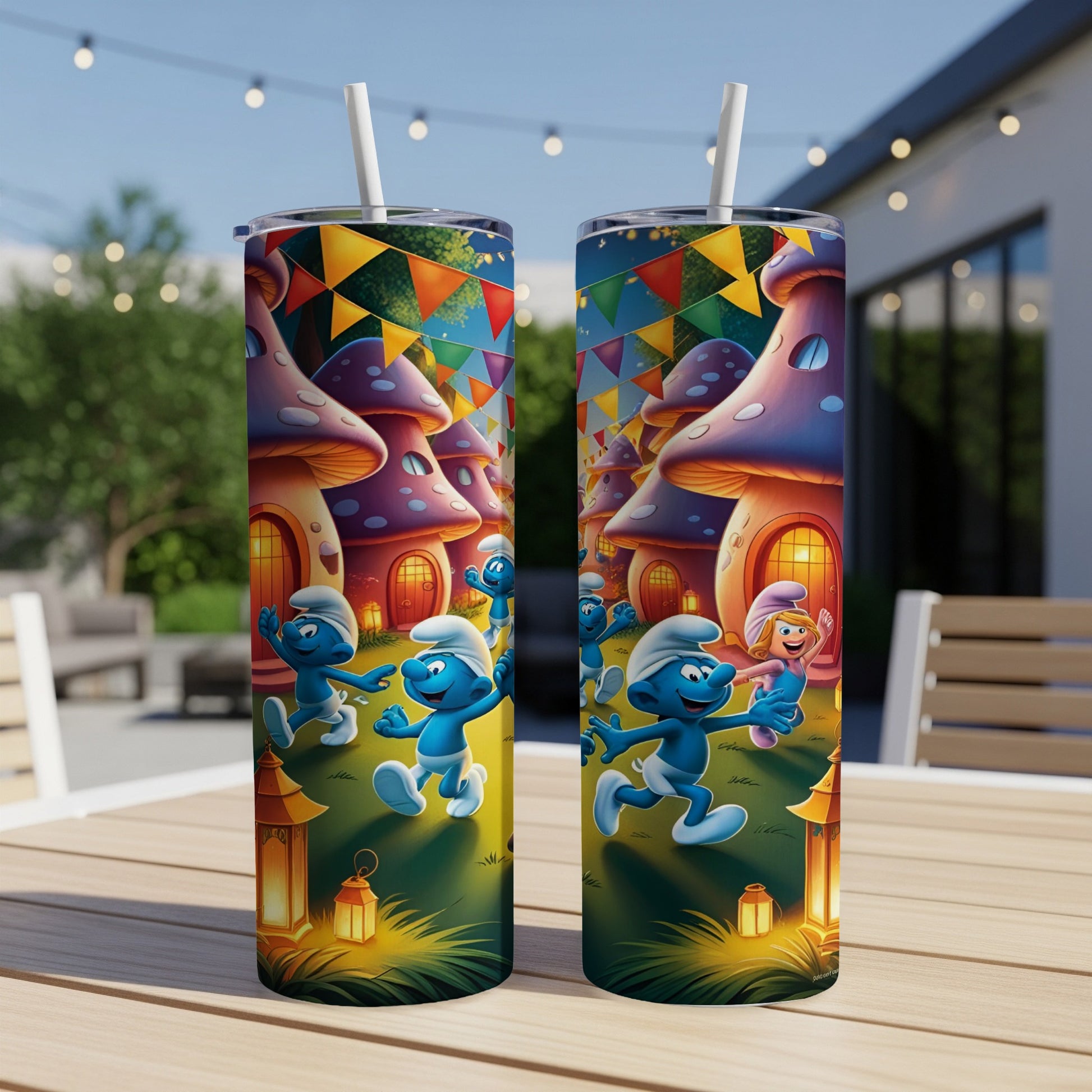 Two Smurfs tumblers with a Smurf village backdrop and string lights.