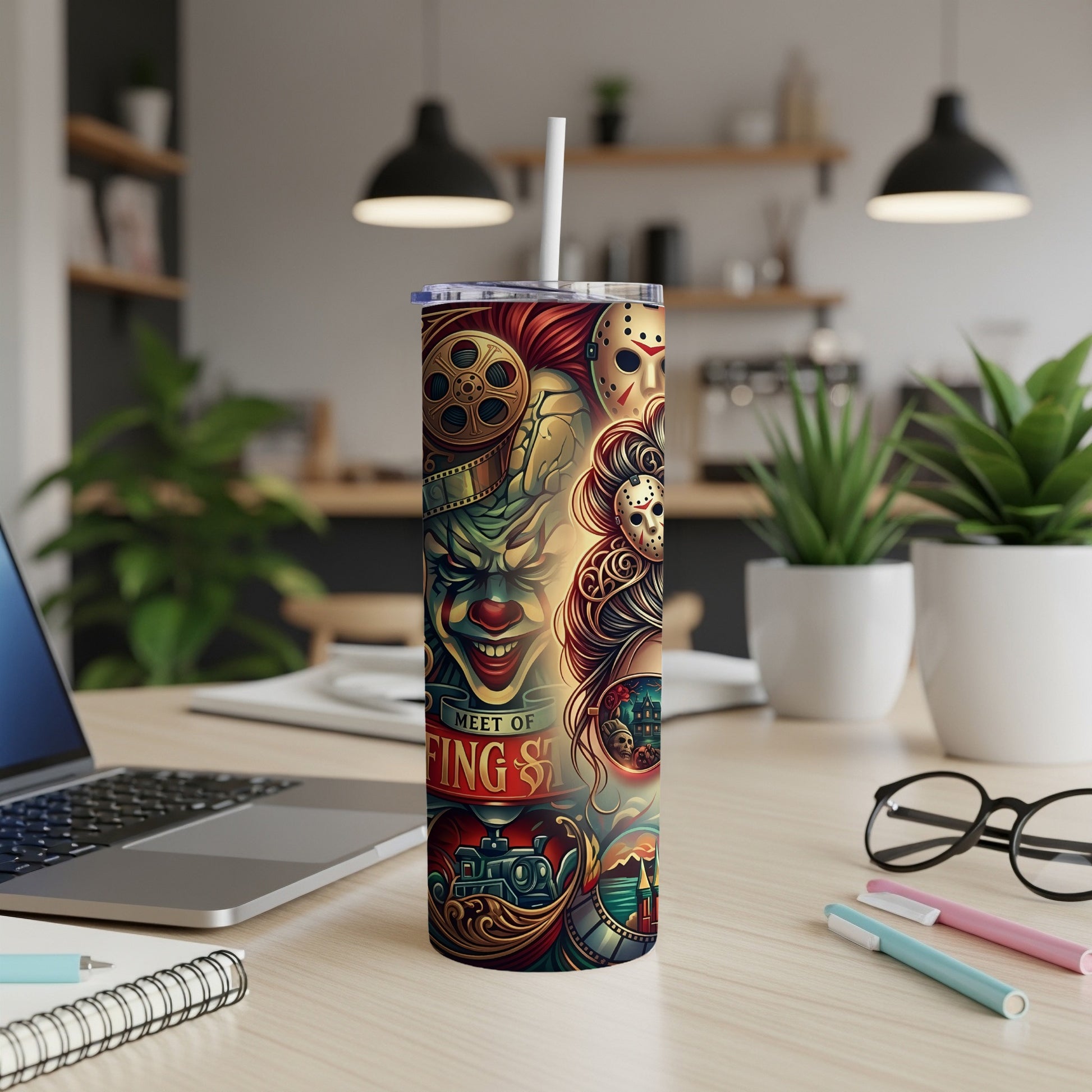 Tumbler with a horror-themed collage featuring a clown, Jason mask, and haunted house.