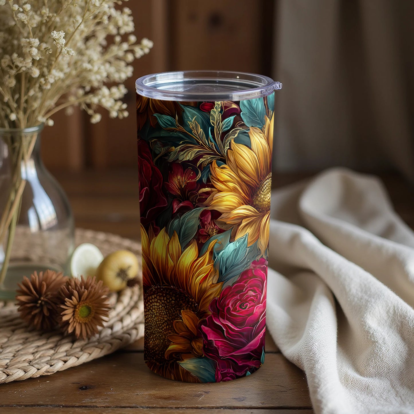 Floral Sunflower and Rose Design Tumbler Cup