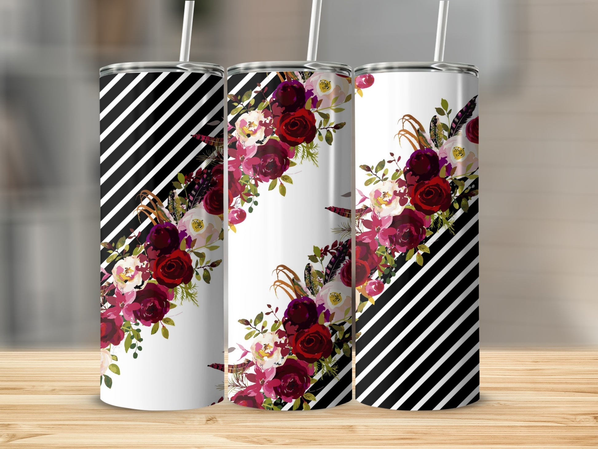 Elegant Floral and Stripes Design Tumbler Product