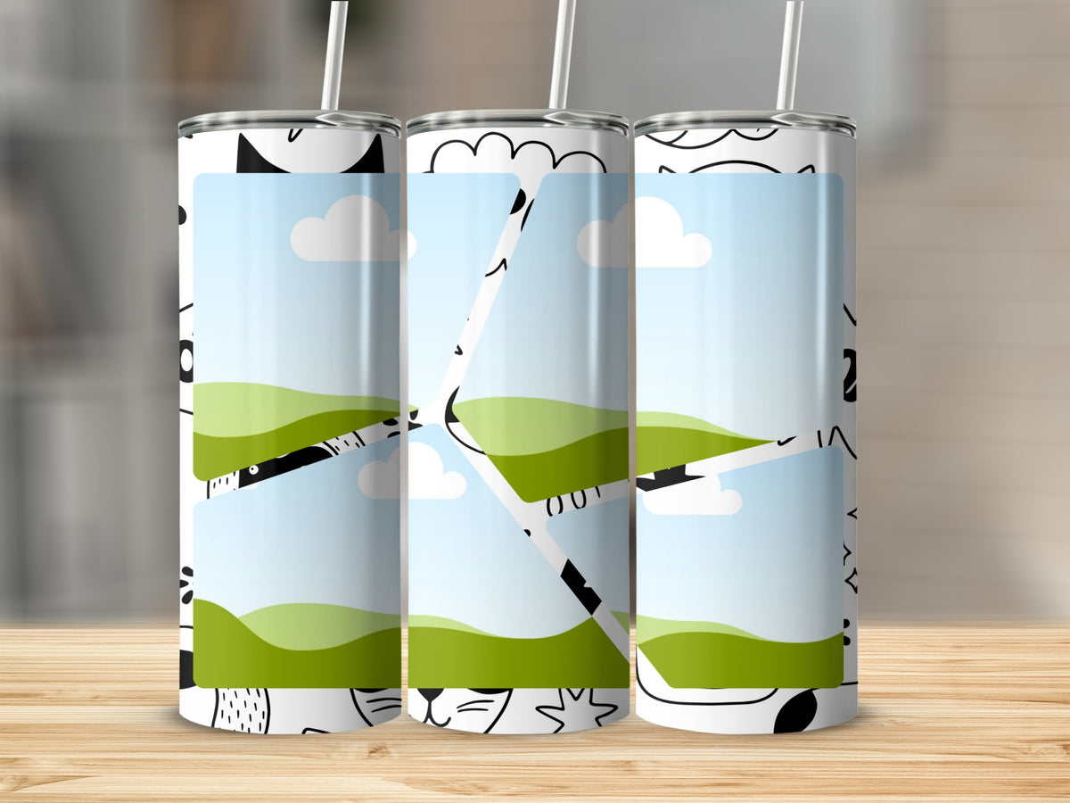 Three tumblers with cartoon animal outlines and landscape graphics.