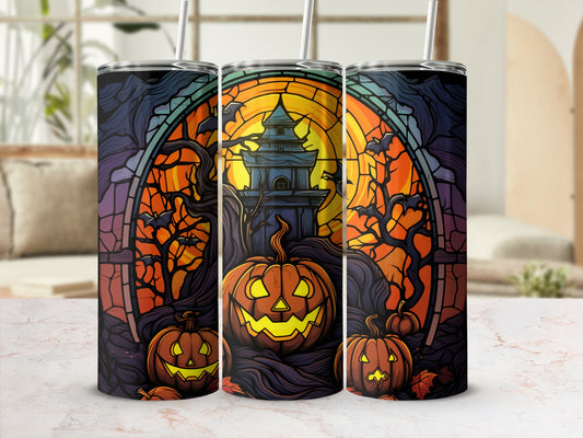 Three Halloween tumblers featuring stained glass designs of pumpkins and haunted castles.