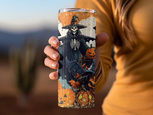 Halloween Skeleton Witch and Pumpkins Tumbler Cup