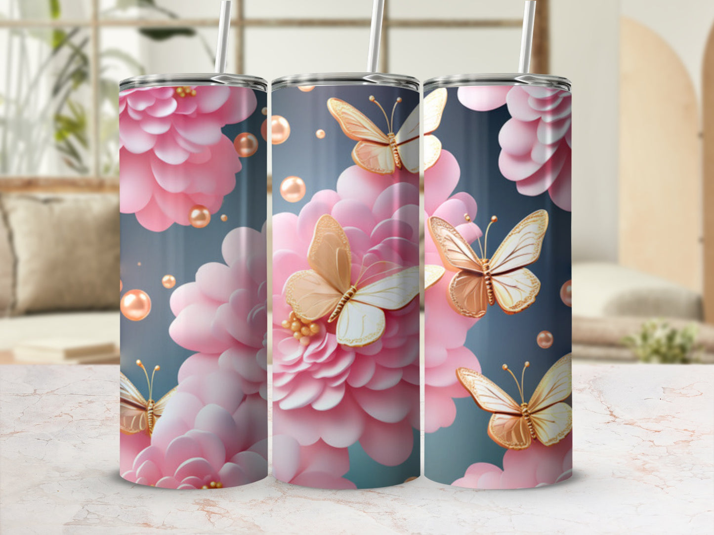 Pink and gold butterflies and pearls on a floral background.