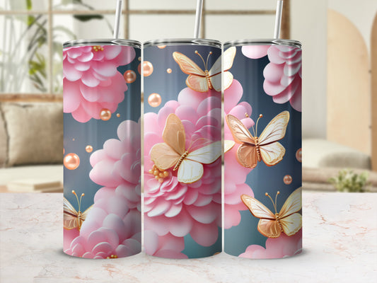 Pink and gold butterflies and pearls on a floral background.