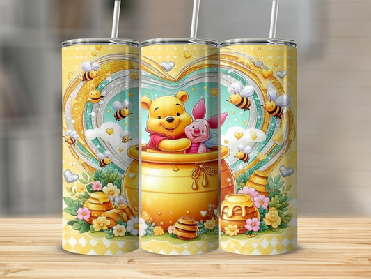 Winnie the Pooh and Piglet in a honey pot with bees and hearts.