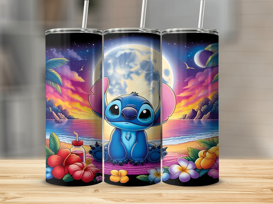 Stitch sitting on a beach at night with a large moon behind him.