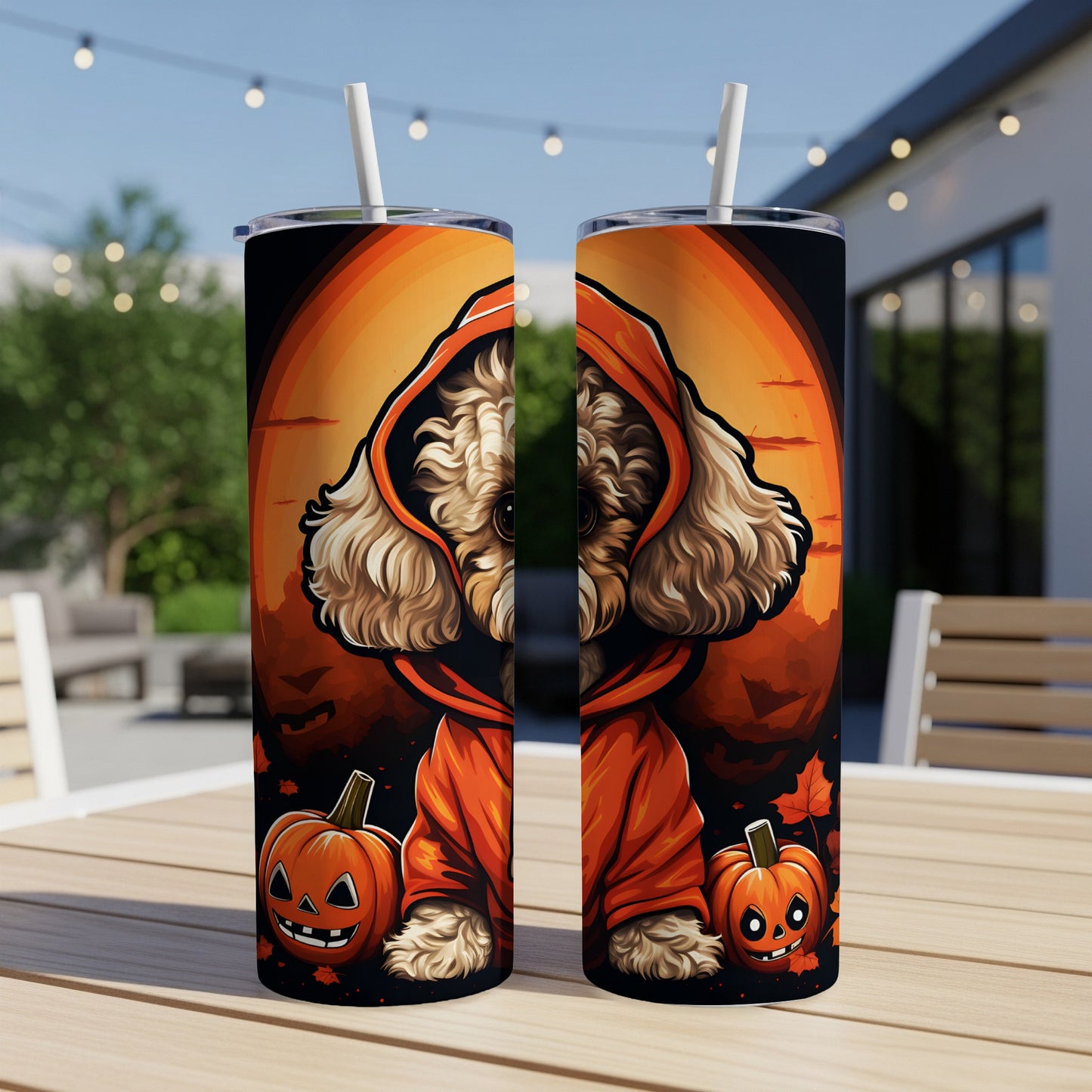 Two tumblers with Halloween dog, pumpkins, and fall leaves design.