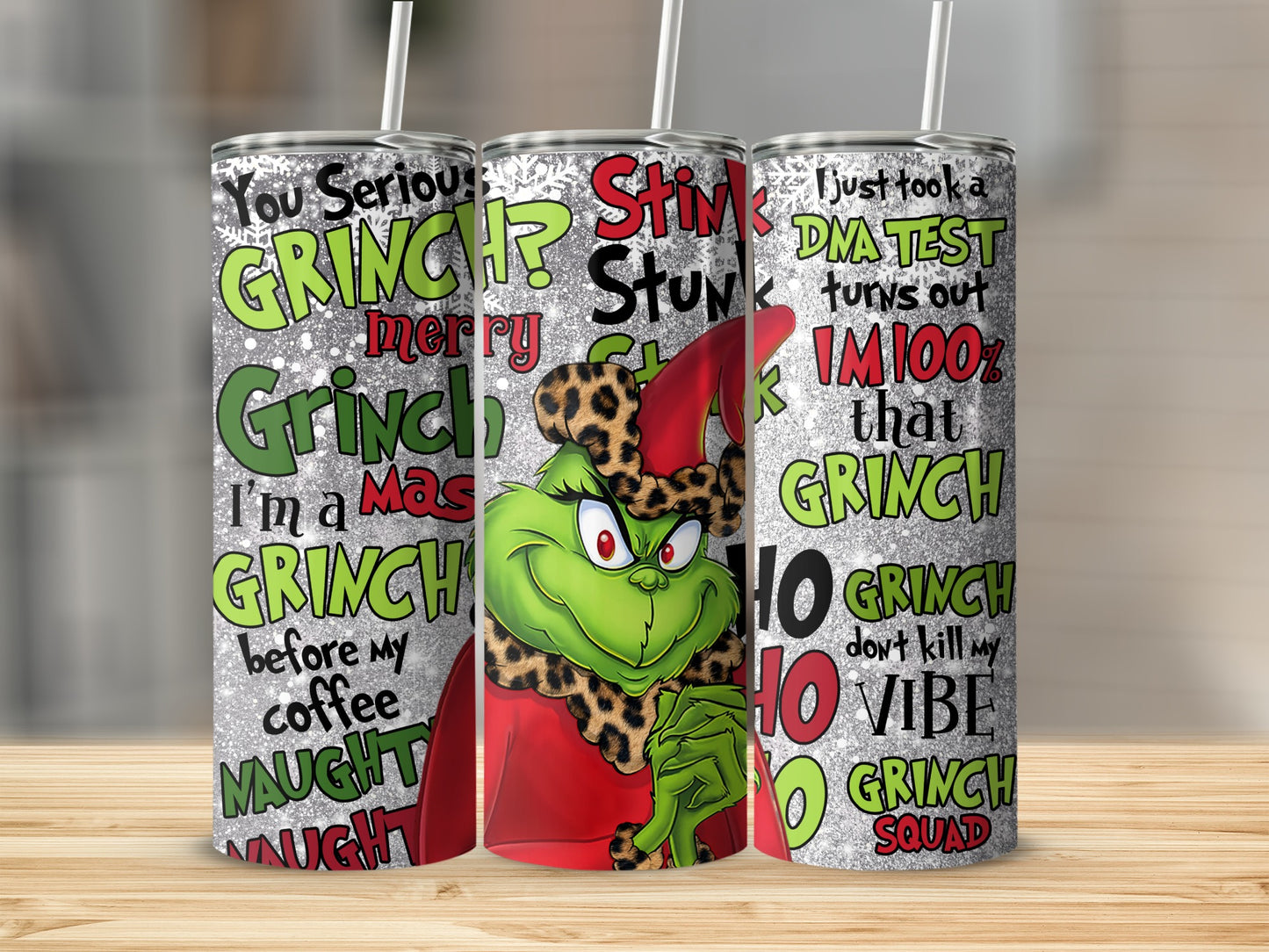Grinch with leopard print hat and text about DNA tests and coffee.