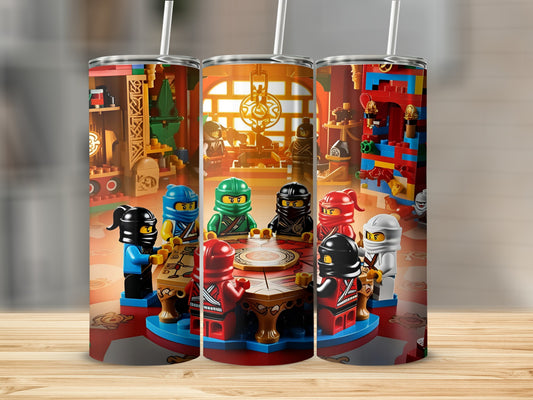 LEGO Ninjago characters gathered around a table in a room with LEGO structures.