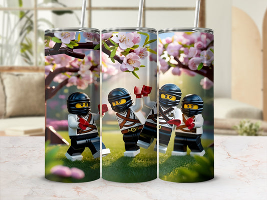 Ninja figures in action with cherry blossoms and a blurred background.