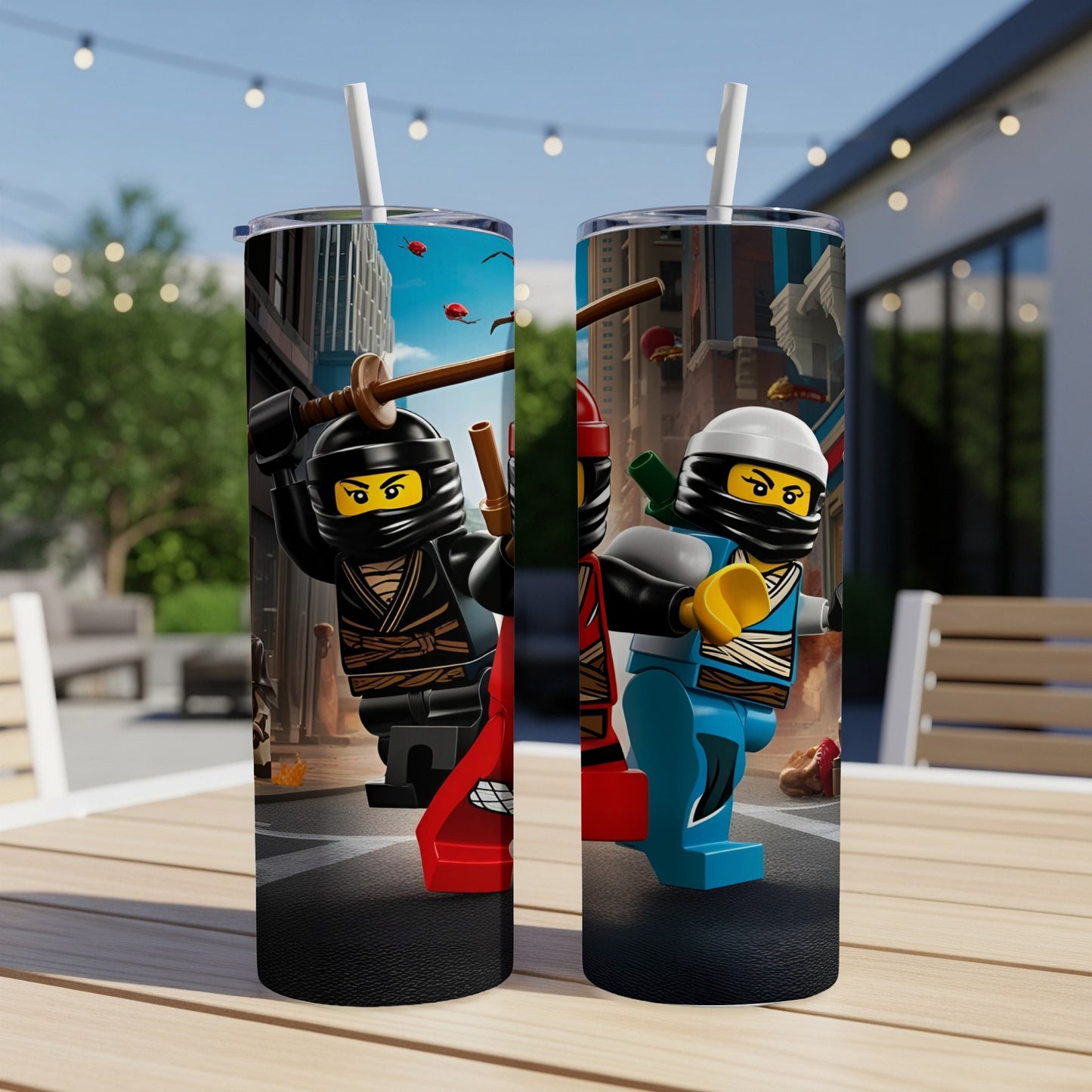 Two LEGO Ninjago characters in action poses on a city street.