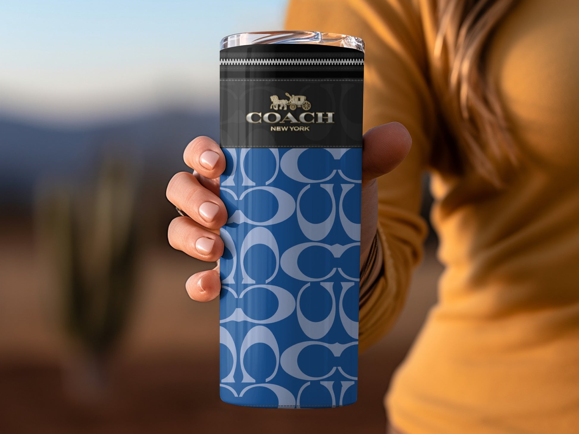 Coach New York Blue Patterned Travel Mug