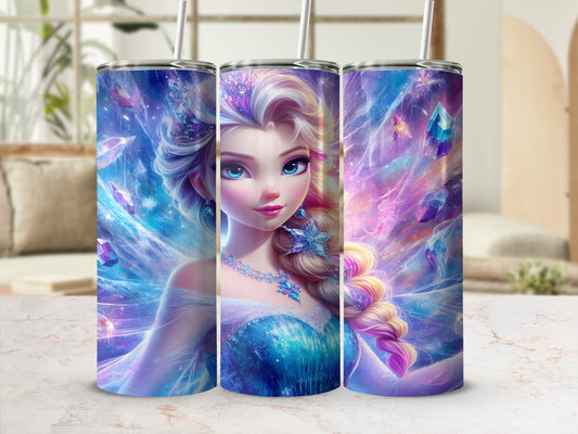Elsa from Frozen surrounded by sparkling ice crystals and stars.