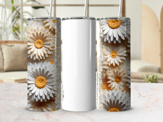 White tumbler with repeating floral pattern of white and yellow flowers.