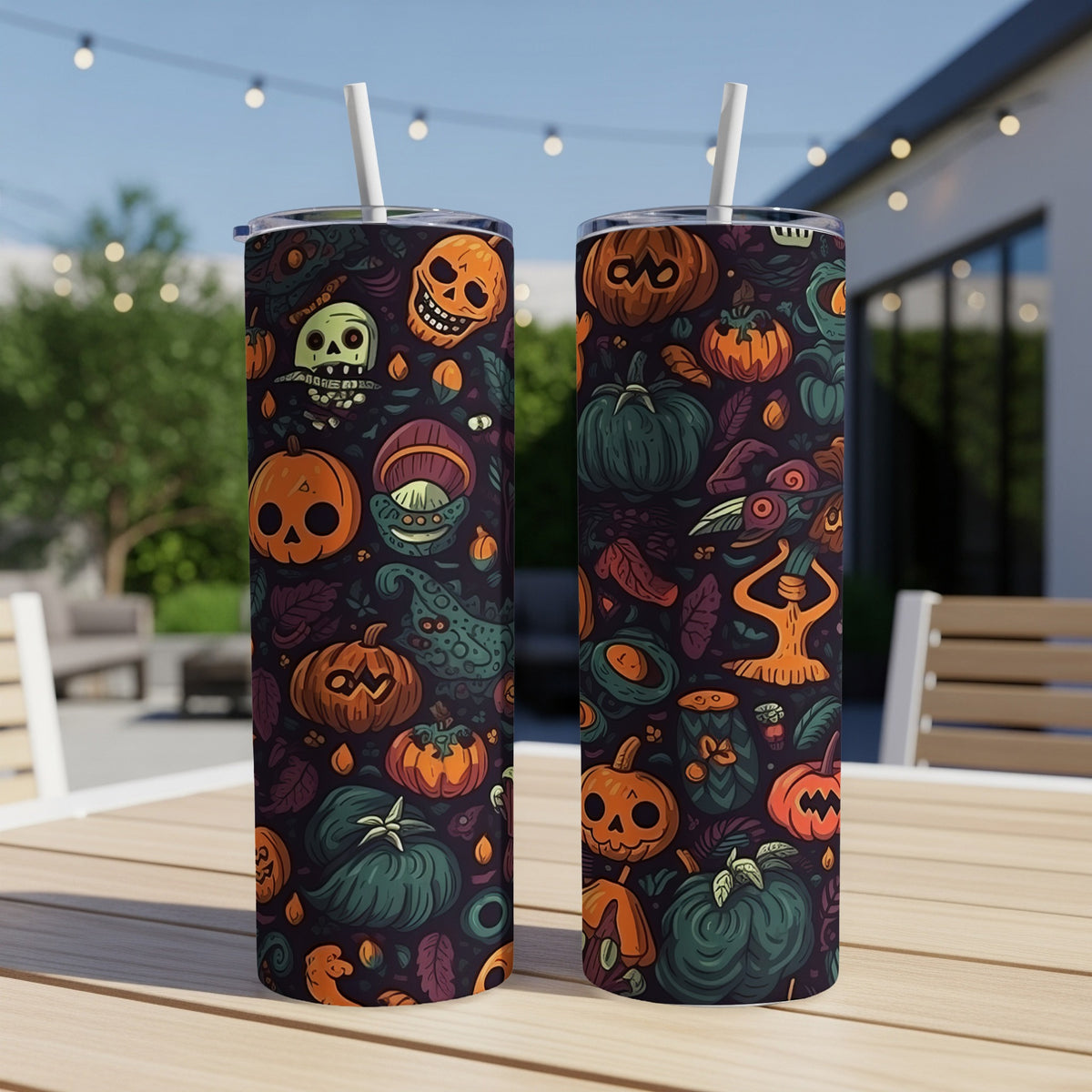 Two tumblers with a Halloween-themed pattern of pumpkins, skulls, and foliage.