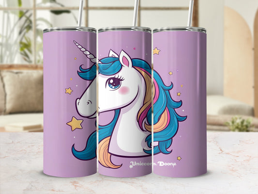 Purple tumbler with cartoon unicorn and stars design.