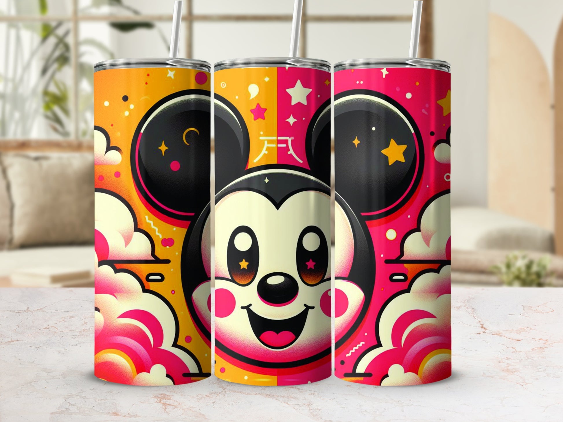 Mickey Mouse tumbler with colorful clouds and stars.