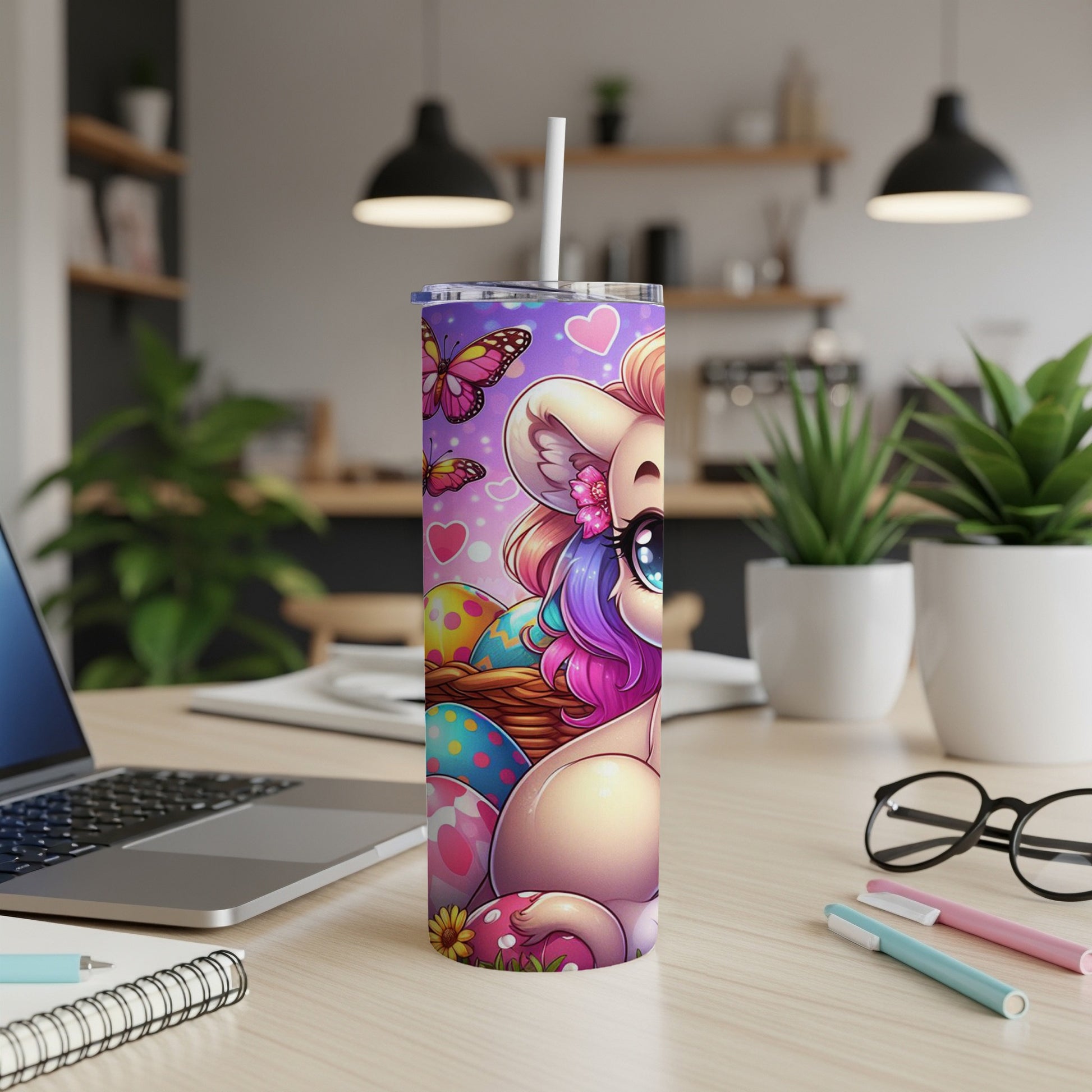 Easter bunny with butterfly and colorful eggs in basket, on a desk.