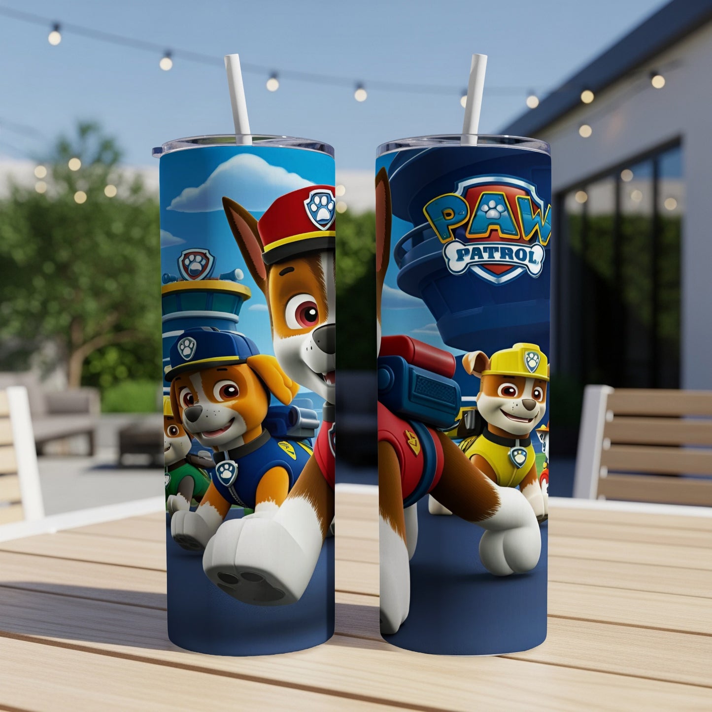 Paw Patrol characters Chase and Ryder on a blue background.