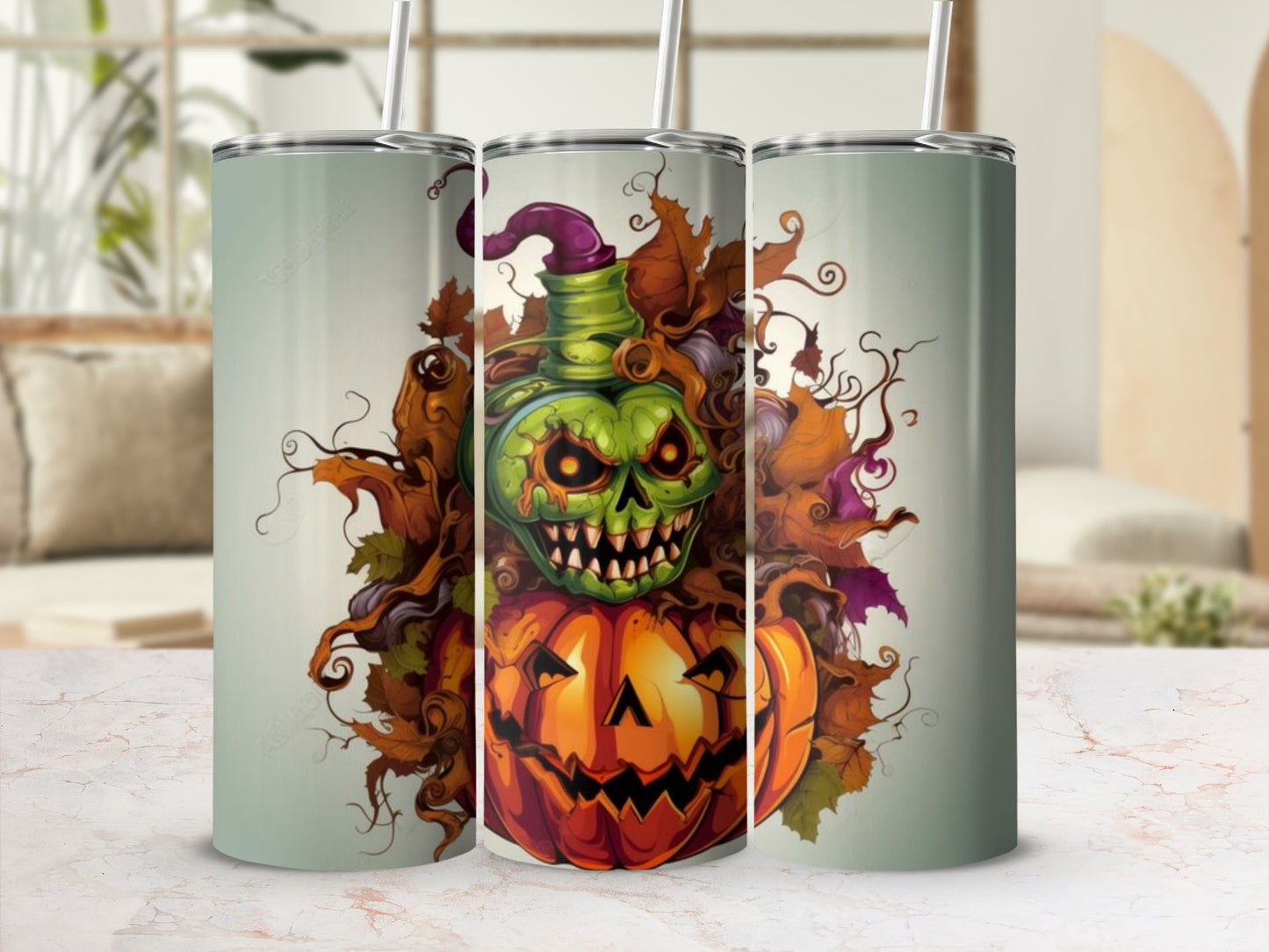 Festive Halloween Pumpkin and Skull Design Tumbler