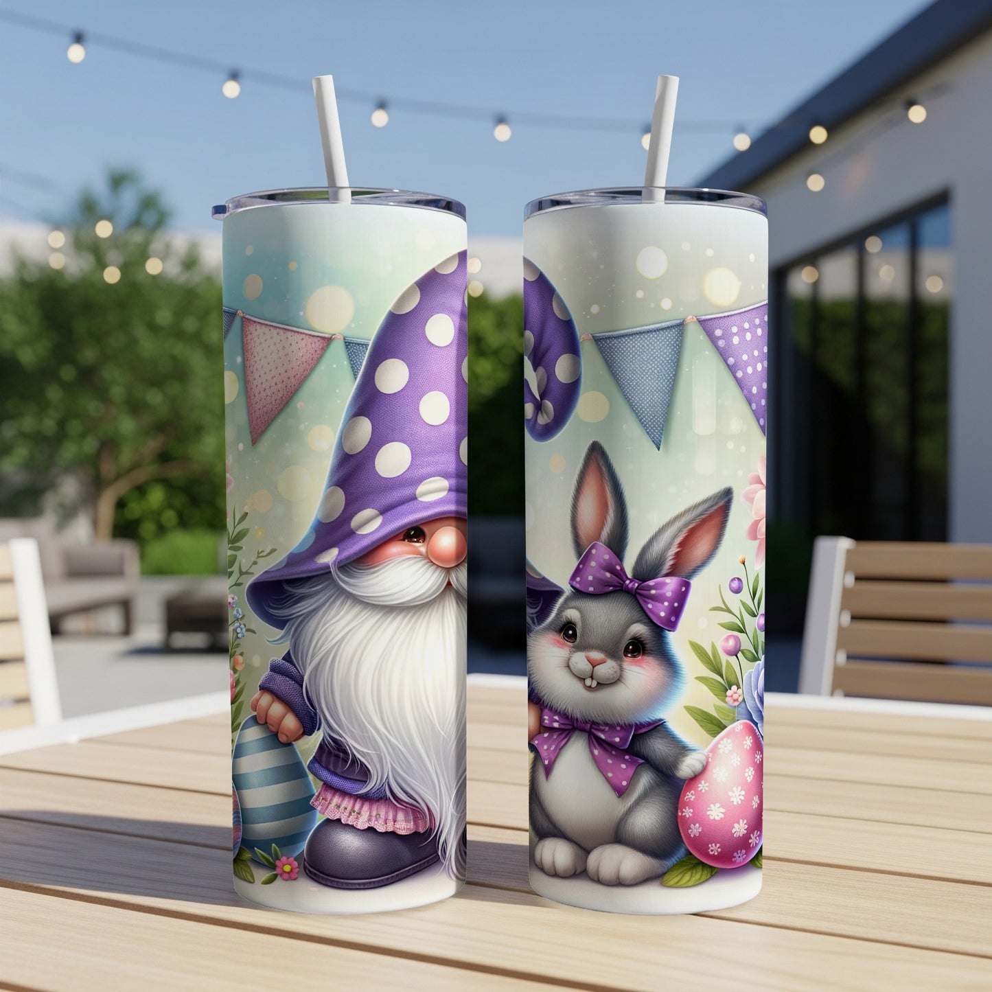 Purple gnome and bunny with Easter eggs on patterned tumblers.