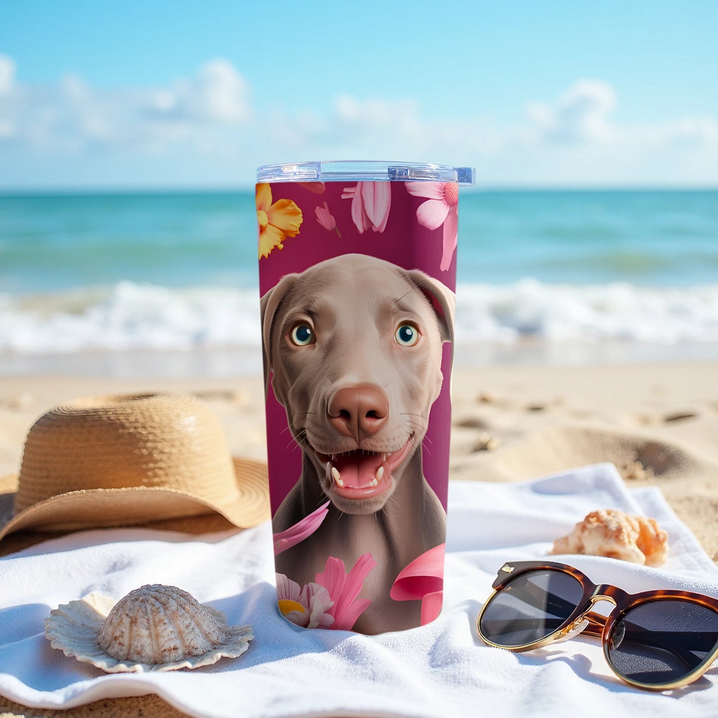 Weimaraner Puppy Smile Floral Pattern Tumbler product type
Weimaraner Puppy, Dog Tumbler, Floral Design, Happy Dog, Insulated Tumbler, Travel Tumbler, Dog Lover Gift, Cute Puppy, Pink Flowers, Yellow Flowers, Maroon Background, Pet Merchandise, Canine Art, Drinkware, Custom Tumbler, Beach Lifestyle, Summer Vibes, Animal Print, Puppy Face, Unique Design