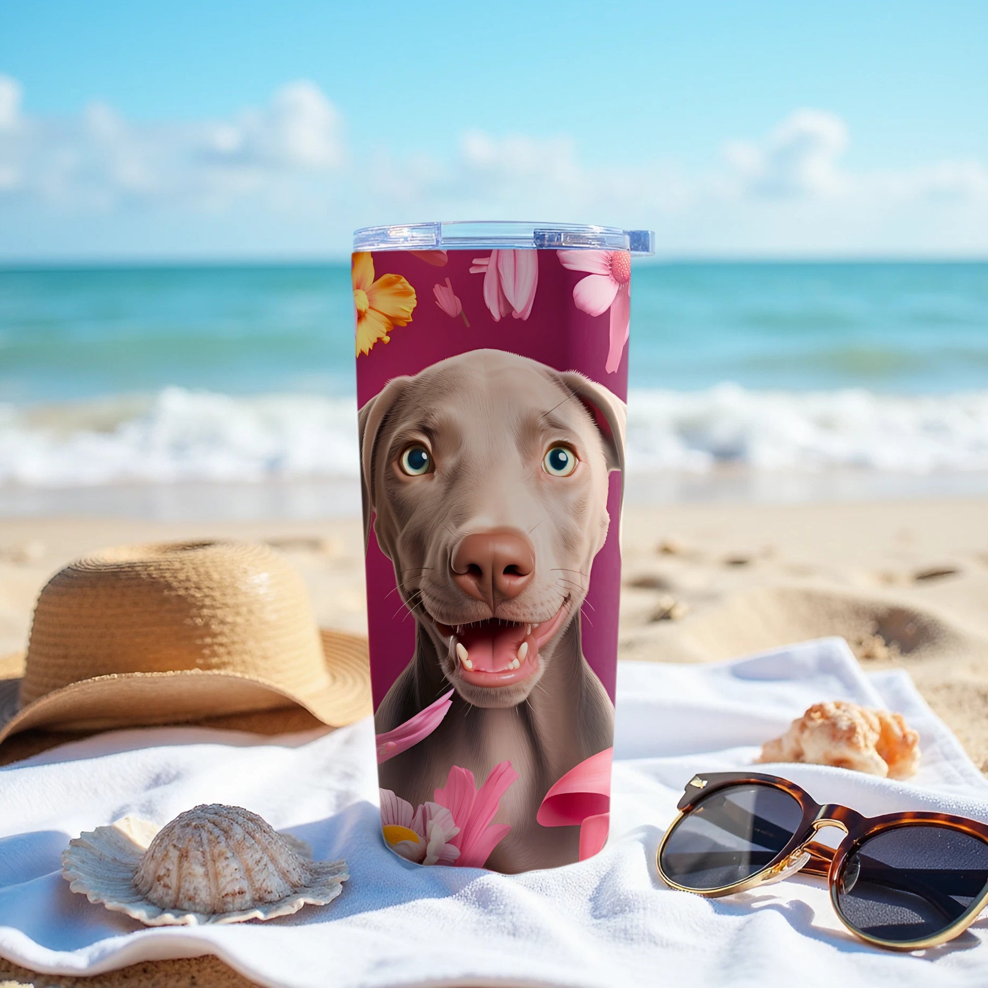 Weimaraner Puppy Smile Floral Pattern Tumbler product type
Weimaraner Puppy, Dog Tumbler, Floral Design, Happy Dog, Insulated Tumbler, Travel Tumbler, Dog Lover Gift, Cute Puppy, Pink Flowers, Yellow Flowers, Maroon Background, Pet Merchandise, Canine Art, Drinkware, Custom Tumbler, Beach Lifestyle, Summer Vibes, Animal Print, Puppy Face, Unique Design